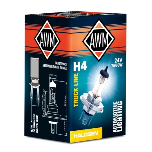 Лампа галогенная AWM H4 24V 75/70W (P43Т)
