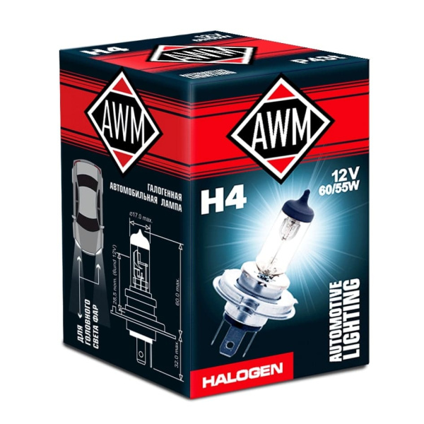 Лампа галогенная AWM H4 12V 60/55W(P43Т)